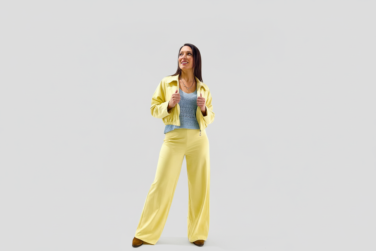 Conjunto amarelo pele pêssego - fundo cinza claro