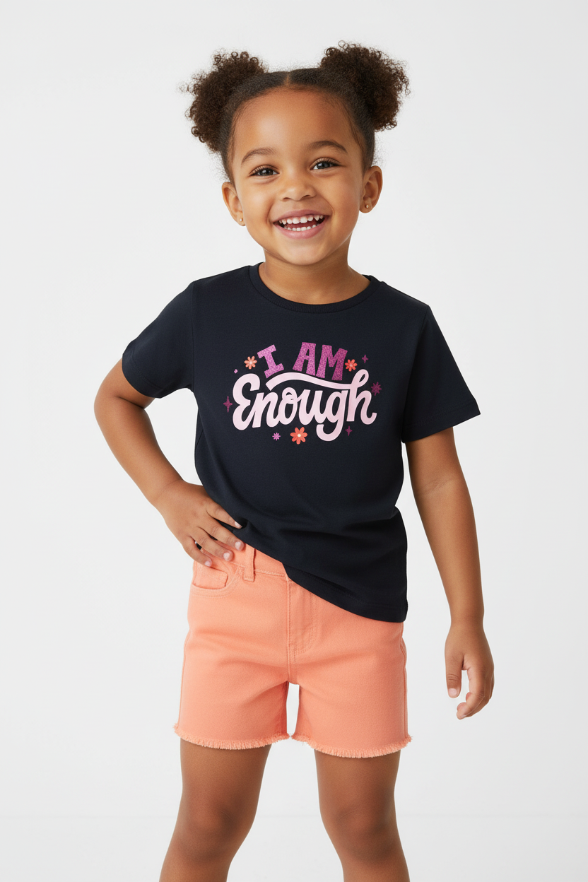 Conjunto t-shirt preta e calções coral