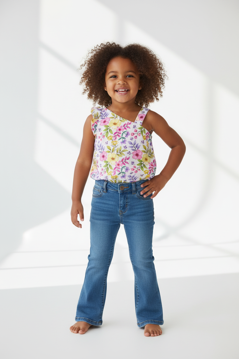 Menina com top floral e calças flare