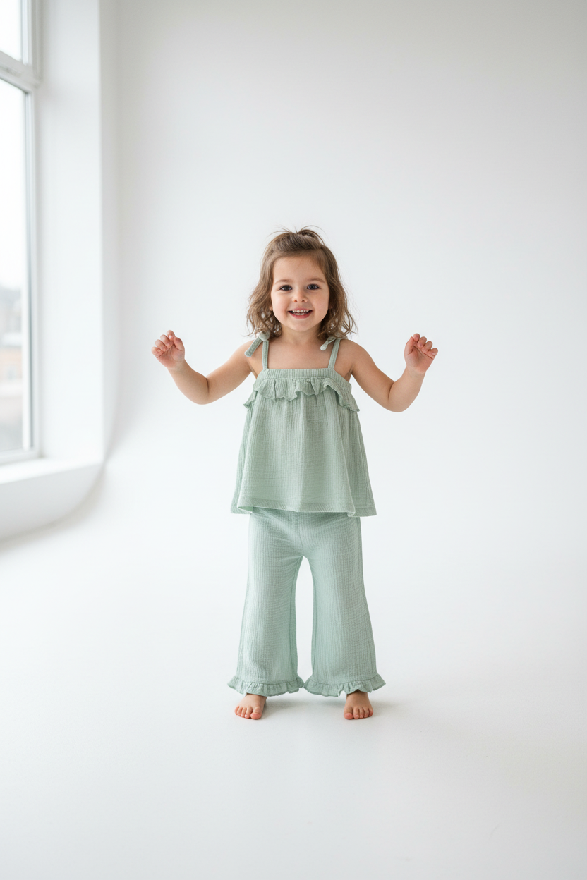 Menina de 3 anos com conjunto verde menta - top e calças