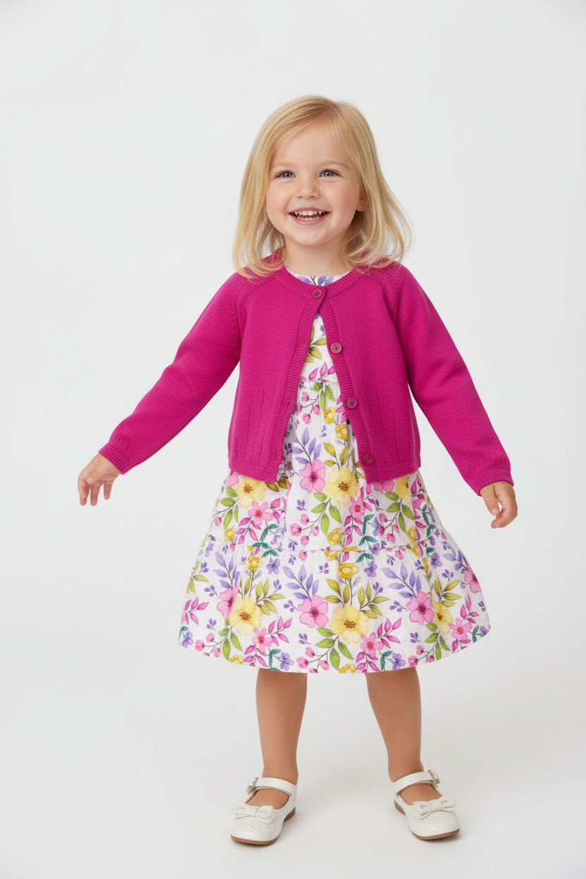 Menina loira com casaco rosa e vestido floral