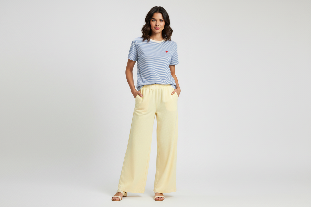 T-shirt riscas azuis com calças amarelo suave